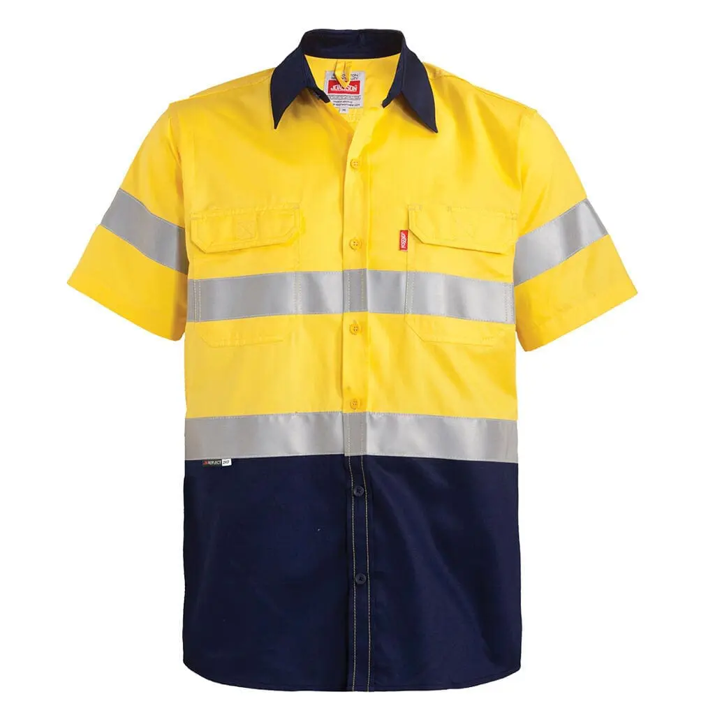 Jonsson 100% Cotton Short Sleeve Reflective Work Shirt - Navy/Yellow